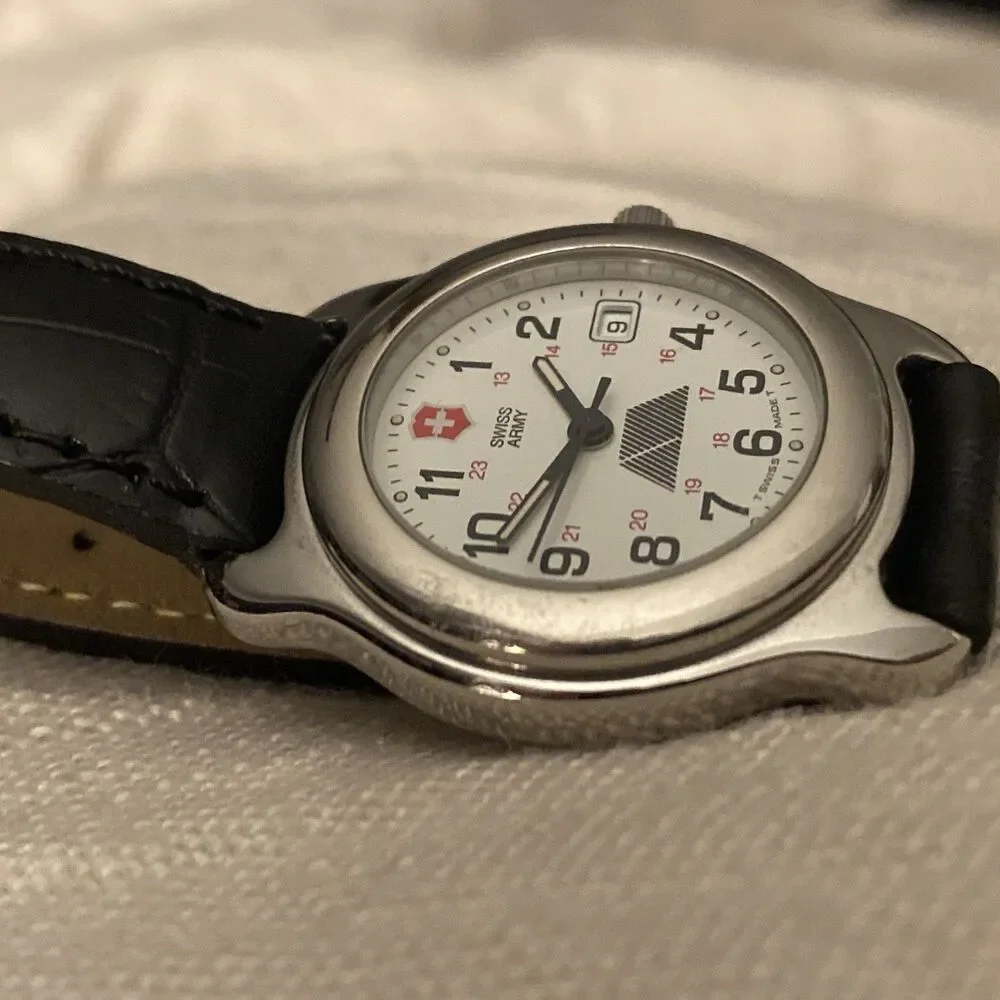 Vtg Ladies 90s Swiss Army White Dial Black Leather Quartz Watch Swiss Alps Logo